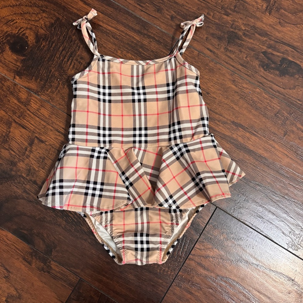 Burberry Beige Plaid Tie-Shoulder One-Piece